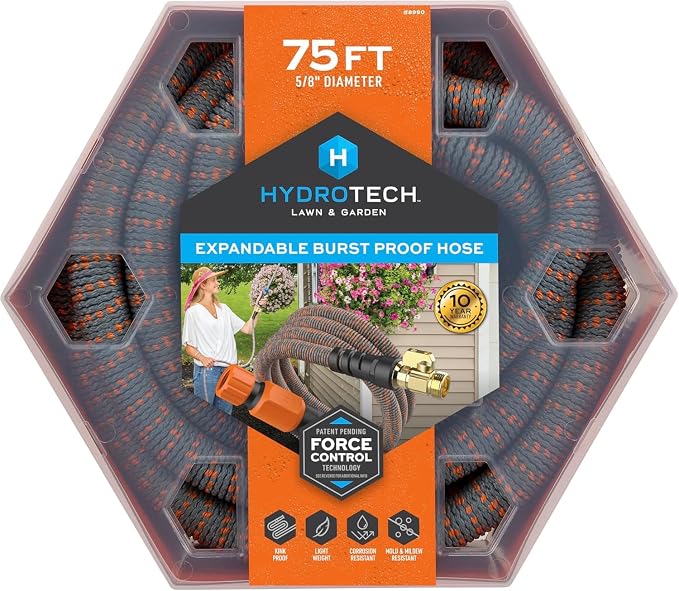 HydroTech 75 ft Expandable Burst-Proof Garden Hose, 5/8 in Diameter | Patented Force Control Technology delivers lightweight, kink-free flexibility, compact storage and dependable durability.