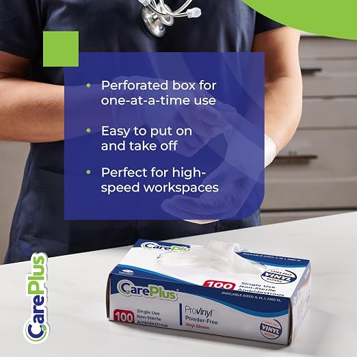 CARE PLUS Pro Vinyl Gloves Clear Large, Latex & Powder Free, 100 Count | Exam grade protection for food prep, hair coloring, salons & housekeeping; ambidextrous, tear resistant, comfortable fit