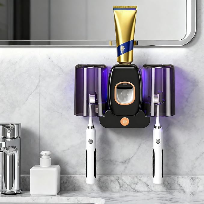 Rechargeable Toothbrush Holder,Wall Mounted Automatic Toothbrush Cleaning Tool with Toothpaste Dispenser & 2 Cups, No Drilling Bathroom Organizer for Family (Black)