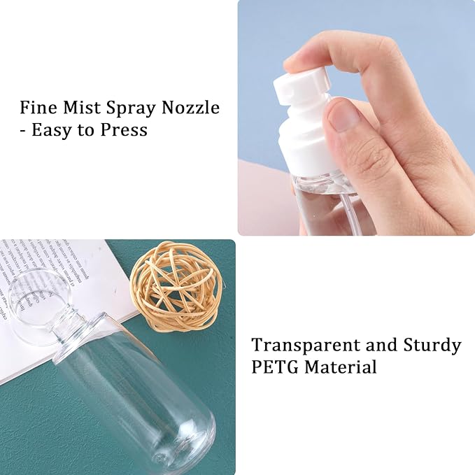 Fine Mist Spray Bottle TSA Approved 3.4oz 100ml 3 Pack Empty Cosmetic Refillable Travel Containers Plastic Spray Bottle for Perfume Essential Oils Toners Rose Water Cosmetics (3Clear)