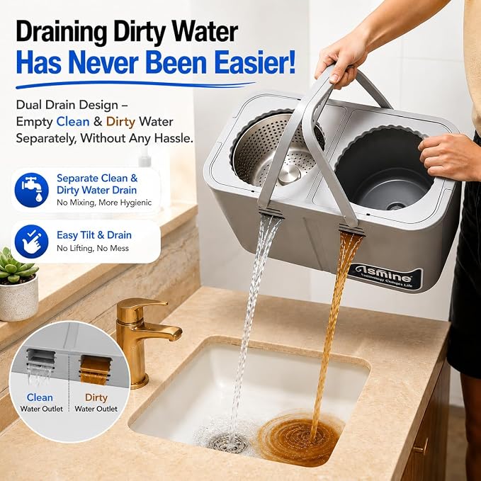 RinseWise Compact Gen 1 Mop Bucket, Clean/Dirty Water Separation, 6 Heads | 1.5 Gal Clean-Water Capacity, 4 Swivel Wheels, 61-Inch Handle, For Apartments, Pet Homes, Hardwood, Laminate & Tile Floors