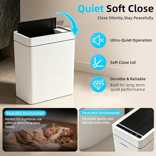 2.7 Gallon Slim Bathroom Touchless Trash Can, Automatic Smart Trash Can with Air-Press Bag Expander, Sensor Lid Waste Bin for Bedroom, Office & RV, White