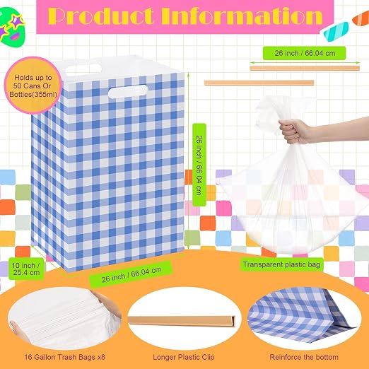 Hushee 4 Pcs 13 Gallon Blue Plaid Disposable Pop up Trash Cans for Parties | Cardboard Garbage Can with Handles, Trash Bags, Clip, Collapsible Trash Cans, Portable Gingham Trashs Bins for Event, Kitchen