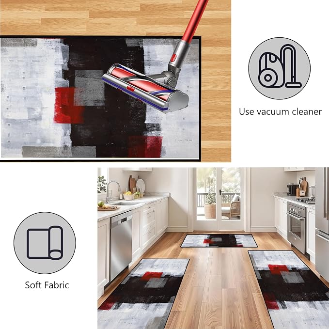 TOMWISH Kitchen Mats for Floor 2 Piece Set Red and Grey Kitchen Runner Rug | Non Skid Cushioned Kitchen Floor Mat Vintage Office Farmhouse Runner Mat for Laundry 20"X32"+20"X48"+20"X59"