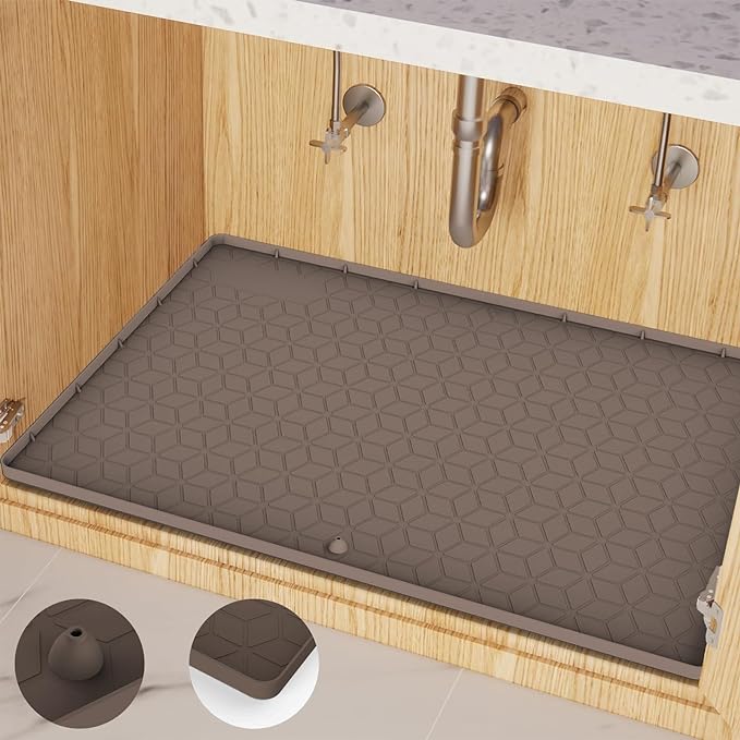 Under Sink Mat 10"x16" Under Sink Mats for Kitchen, Silicone Waterproof Under Sink Liner, Sink Cabinet Organizer Tray with Drain Hole