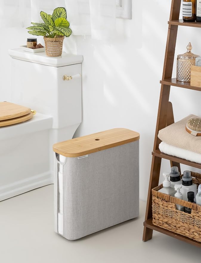 StorageWorks Toilet Paper Storage Basket with Bamboo Lid & Window | See Rolls at a Glance with Clear Window, Holds 16 Regular or 12 Mega Rolls for Bathroom Toilet Paper Storage, Grey