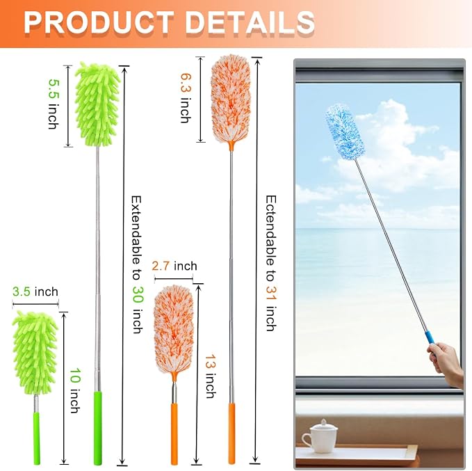 4 Pack Multi-Head Duster Kit, 13" to 30" Extendable Pole, Microfiber & Chenille Heads, Blue, Green, Orange, Multicolor, Washable, Bendable, For Furniture & Wall