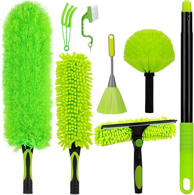 CALBEAU 8 Ft Microfiber Duster with Extension Pole (14 PCS) | 4 Heads for Fan Blade, High Window, Cobweb, Furniture; Safe high-reach cleaning, reaches 15 ft; Dusters for Cleaning