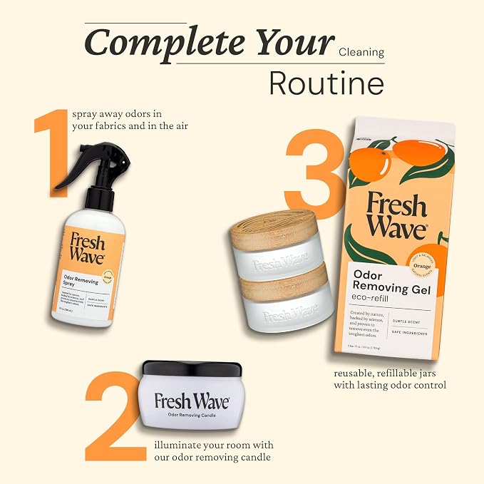 Fresh Wave Odor Removing Gel 2-Pack Glass Jar & 63oz Refill, Orange | Refills 7oz gel up to 9 times or 15oz up to 4 times. Gel odor eliminator for bathroom, closet, or garage. No plug-in.