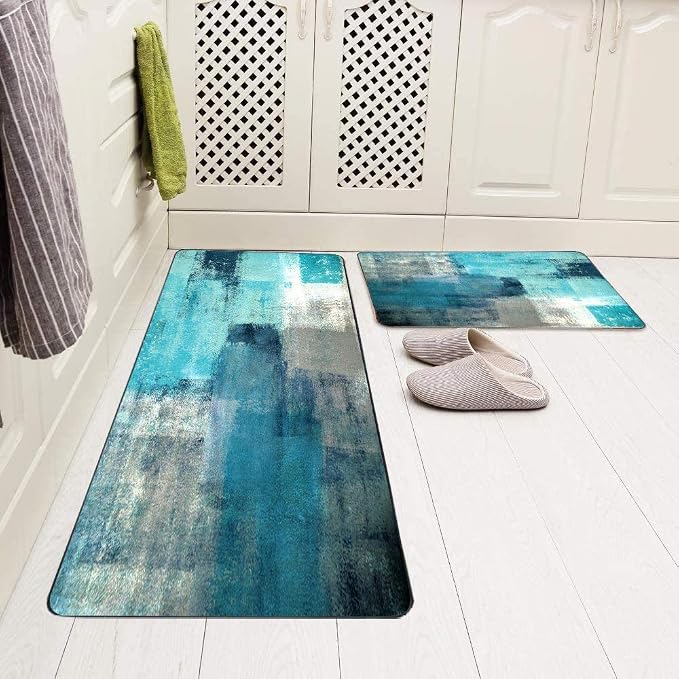 TOMWISH Kitchen Mats Turquoise and Grey Abstract Art Kitchen Rug | 20"X48"+20"X30" Washable Non-Slip Kitchen Rug Set for Kitchen Dining Room,Floor Home,Office,Sink,Laundry