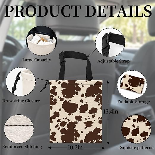 Dark Brown Cow Print Car Garbage Bag Canvas Trash Can | Rustic Animal Print Drawstring Car Trash Bag Hanging for Back Seat with Adjustable Buckle