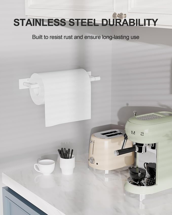 White Paper Towel Holder Under Cabinet Self Adhesive or Wall Mount | 304 Stainless Steel Post Pivoting Design No Drilling for Kitchen, Bathroom Waterproof & Rustproof, Square Base