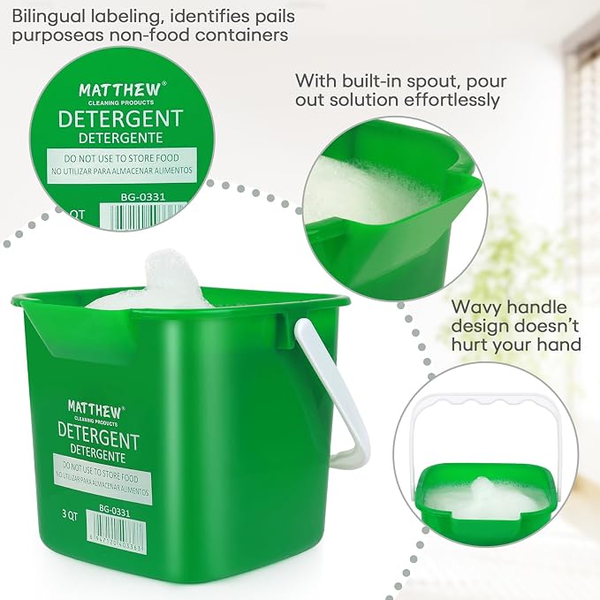 Matthew Red&Green&Blue Detergent and Sanitizing 3 Quart Cleaning Bucket &Large Plastic Tote Tool Combo,Wash Rinse Sanitize Handwash Bucket,Deluxe Supply Cleaning Caddy Incl.3Pcs Microfiber Cloths
