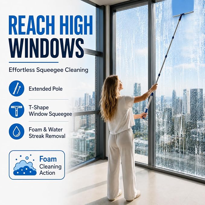 Window Squeegee with 75" Extension Pole, ITTAR Rubber Water Wiper for Glass | Durable Stainless Steel Rod, Rotatable Head for Window Edge, Chenille & Microfiber Pad, Squeegee for Variety Cleaning Needs