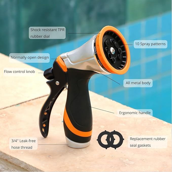 QUOBAS Metal Garden Hose Nozzle, Heavy Duty Water Hose Sprayer, Leak Proof | 10 Pattern Water Nozzle with Rubber Gasket, Garden Sprayer for Watering Plants, Washing Cars, Pet Shower, Orange