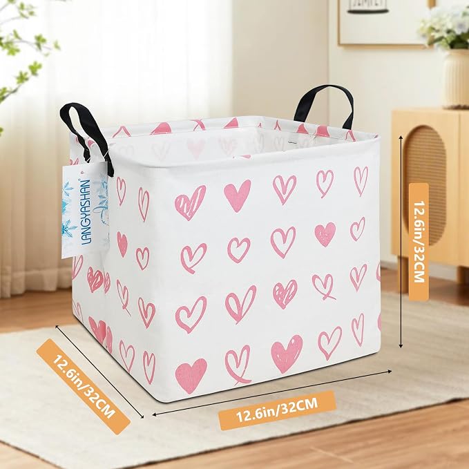 Square Storage Baskets Children Shelves Gift Toy Organizer Room Pink Heart | Laundry Hamper Collapse Canvas with Handles for Organizing Home Kitchen Children Toys Office Closet Shelf