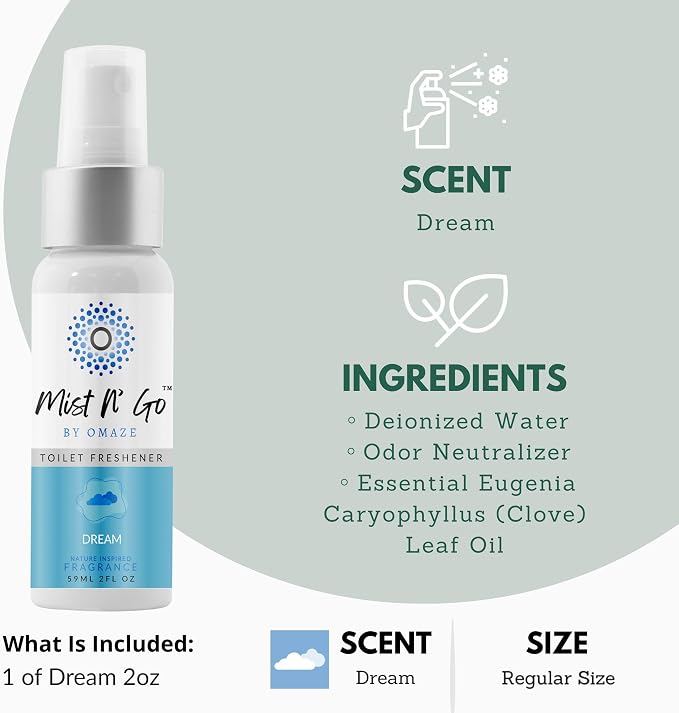 Mist N’ Go by Omaze Travel Bathroom Spray for Toilet Spray Odor Eliminator - Travel Toilet Spray for Bathroom Air Freshener Spray for Bathroom Deodorizer - Dream Regular Size (2oz x1)