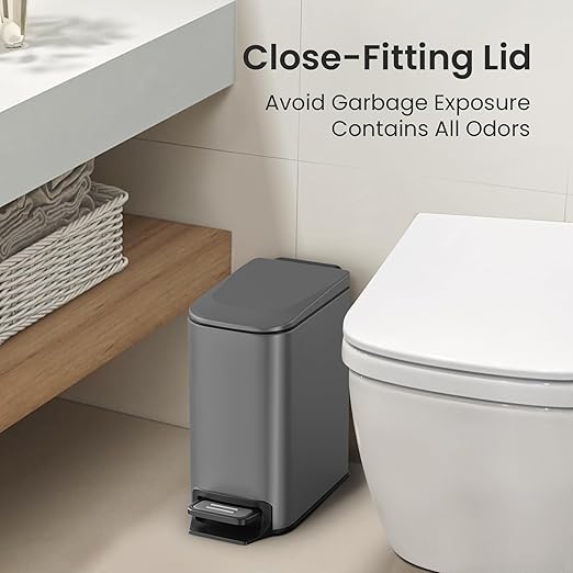 Cesun Small Bathroom Trash Can with Lid, 1.6 Gal, Soft Close, Gray | Step pedal soft close, Slim 5.9in fits narrow spaces, Stainless steel, Anti-fingerprint, Removable inner bucket, Odor seal