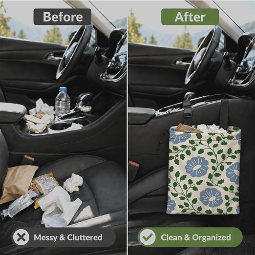 Blue Floral Car Garbage Bag Canvas Trash Can | Cottagecore Rustic Flower Drawstring Car Trash Bag Hanging for Back Seat with Adjustable Buckle