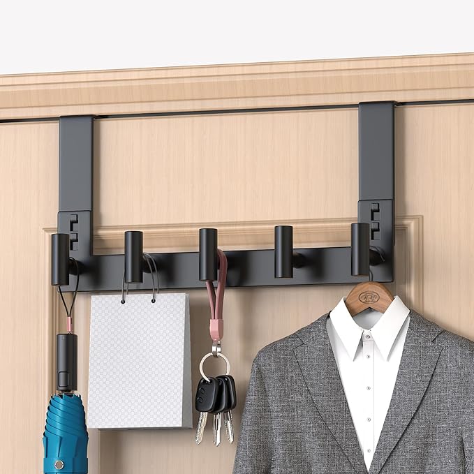 PMMASTO Door Hanger for 1-3/4 Inch Doors, Black- 5 Hooks, T Shape | Stainless Steel Door Hooks Organize Coats Towels Robes in Bathrooms Bedrooms Closets