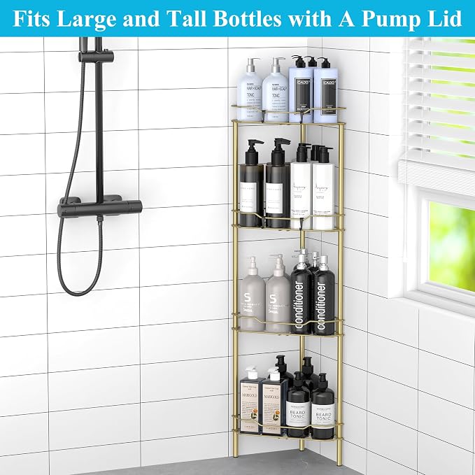 HuggieGems Metal Floor Standing Corner Shower Caddy, Gold, 4 Tier | Adhesive Bathroom Organizer Shelves, Free Standing Shower Rack with Hooks, Hold Large Shampoo Bottles