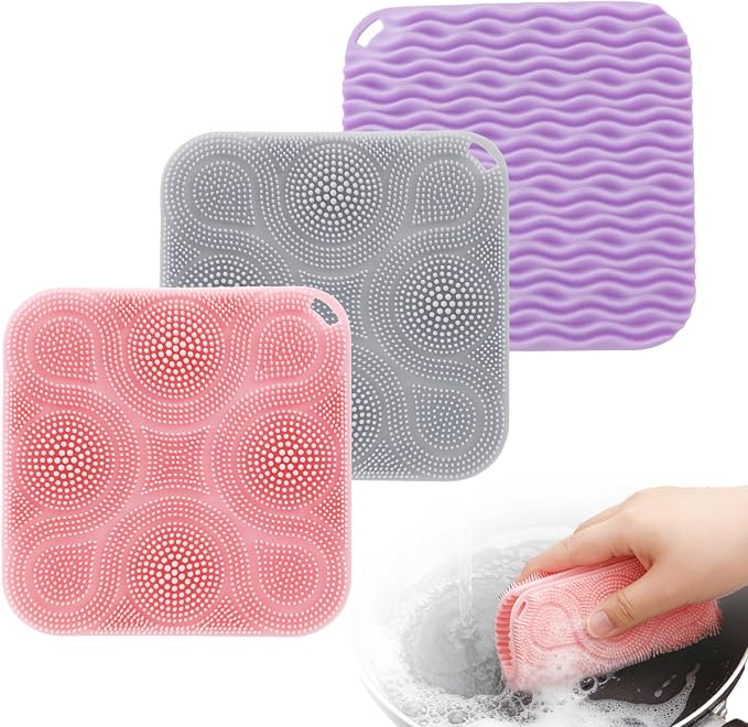 Silicone Sponges for Dishes Fruit Vegetable, Vynusio Silicon Dish Sponge 3 Pack Food-Grade Reusable Durable Efficient Kitchen Gadgets Washing Clean Scrubber Pad, Multipurpose High Resistant Trivet
