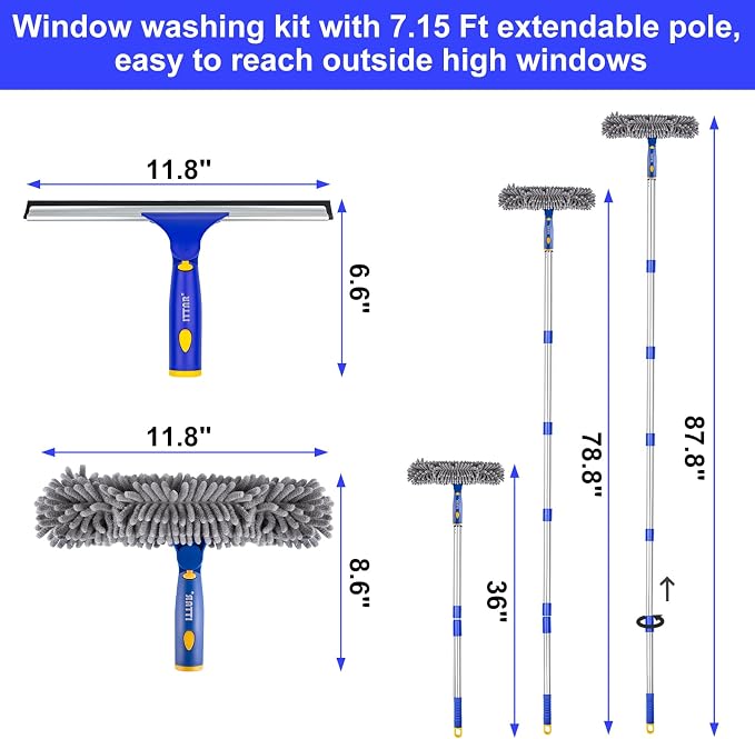 Window Squeegee with 88 Inch Extension Pole, Rotatable Window Cleaning Kit with Long Handle, Rubber Blade & Microfiber/Chenille Pads Glass Cleaner Tool for Outdoor Windows, Glass, Car