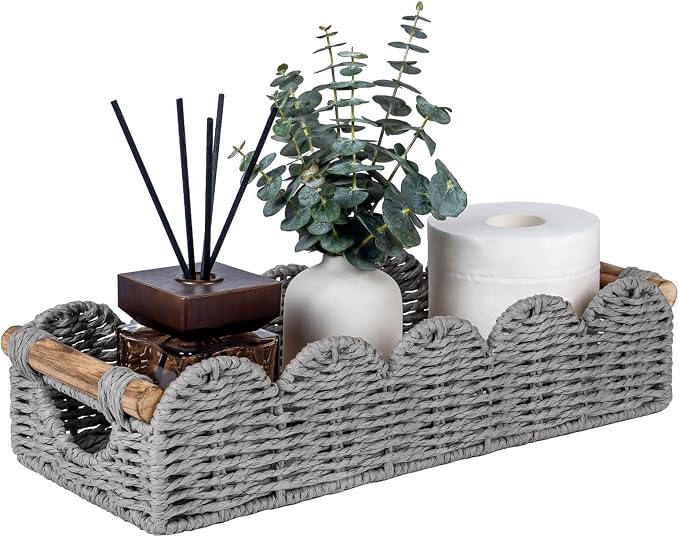 CubesLand Bathroom Basket Organizer, Toilet Tank Basket W/Cut Out Handle | Wicker Toilet Paper Storage Basket Tray, Scalloped Basket for Bathroom Countertop Decorative Also for Home Decor, Grey