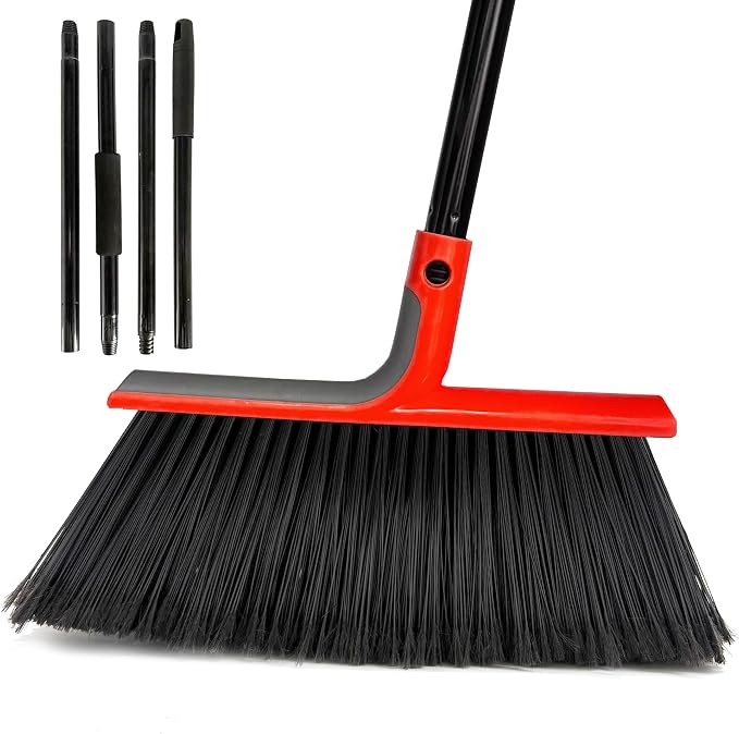 Large Angle Brooms Indoor Outdoor Broom with Long Handle Stiff Bristle Sweeper for Kitchen Garage Deck Courtyard Lobby Patio Lawn Leaves (Red)