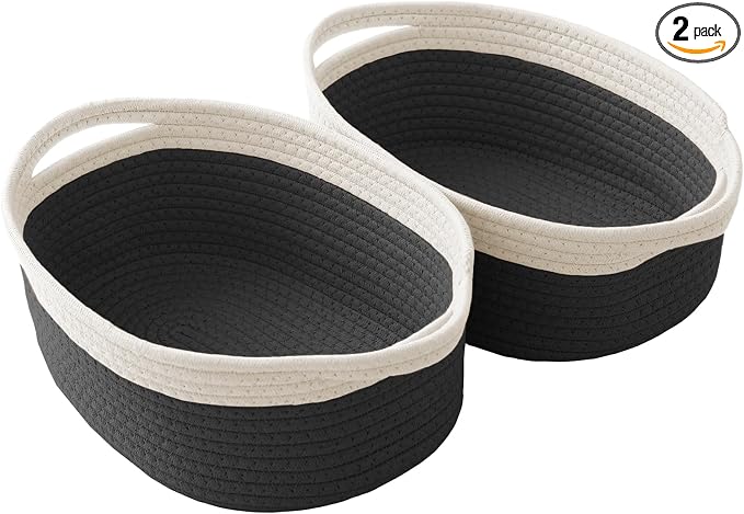 JMvicyroam Small Woven Basket, Empty Gift Basket, White&Black/2 Pack | Small Gift Basket, Cotton Rope, 12 x 8 x 61 in, Handles, Includes Ribbon and Bag, Birthday Gift Basket