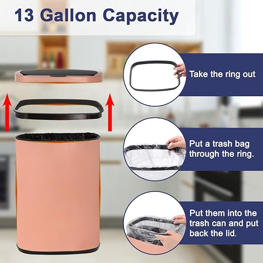 Kitchen Trash Can Automatic Motion Sensor Bathroom Trash Can with Lid,50 Liter/13 Gallon Touchless Trash Bin,Garbage Can Waterproof Garbage Bin Wastebasket for Toilet,Office,Caravans,Bedroom,Pink