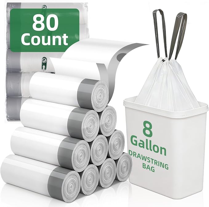 80 Counts 8 Gallon Trash Bag Drawstring Small Trash Bags, Thick Pre-separated Garbage Bags, Trash Bin Liners, Suitable for bathroom, kitchen, bedroom, office (White)