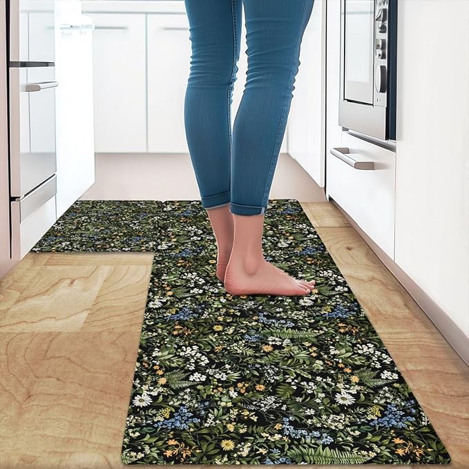 Feelyou Black Green Botanical Kitchen Rugs Sets 2PCS Blossom Flowers Kitchen Mats for Floor Natural Country Cushioned Anti Fatigue Waterproof Non-Slip Rugs for Office Laundry Room Decor Accessories