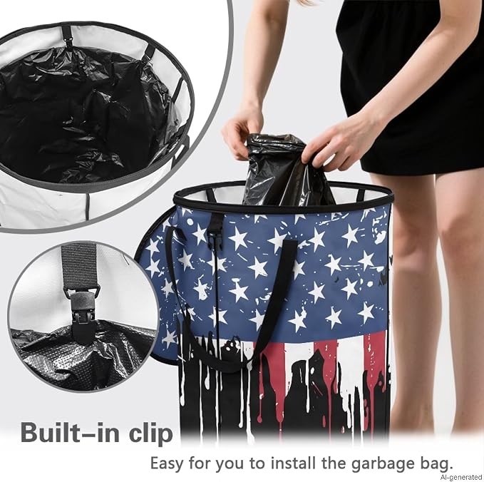 Retro American Flag Collapsible Trash Can 24 Gallon Foldable Garbage Bin with Lid, Heavy Duty Waterproof Trash Bag Holder for Outdoor Camping, RV, Picnic, Vintage Patriotic Design