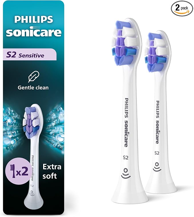 Philips Sonicare S2 Sensitive Brush Heads, 2-Pack, 6 Month Supply, White | 1000% More Plaque Removal¹, Gentle on Sensitive Teeth & Gums, BrushSync Reminder, 62,000 Bristle Movements/Min, HX6052/77