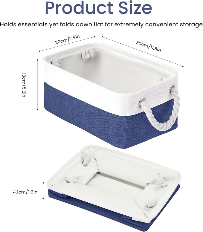 11.8x7.9x5.2 Inch Fabric Small Storage Bins with Handles 6 Pack | Foldable Storage Basket, Sturdy Metal Strand, Cardboard Support Molding, Small Baskets for Organizing, Shelves, White/Blue