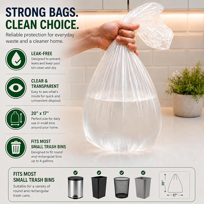 Small Trash Bags 3 Gallon Garbage Bags (440 Count) Bathroom Clear Plastic Wastebasket Can Liners Fits 2 Gallon 4 Gallon for Home and Office Bins (440 Bags)