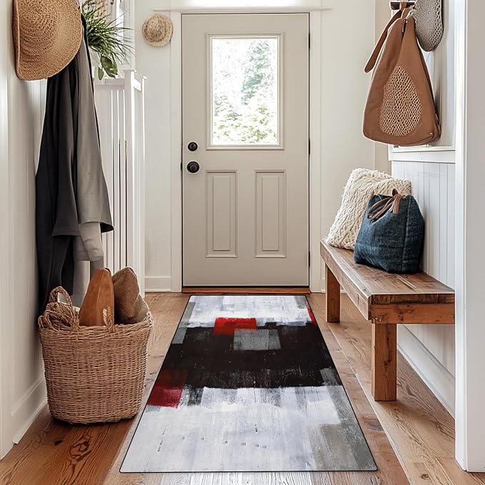 TOMWISH Kitchen Mats for Floor 2 Piece Set Red and Grey Kitchen Runner Rug | Non Skid Cushioned Kitchen Floor Mat Vintage Office Farmhouse Runner Mat for Laundry 20"X32"+20"X48"+20"X59"