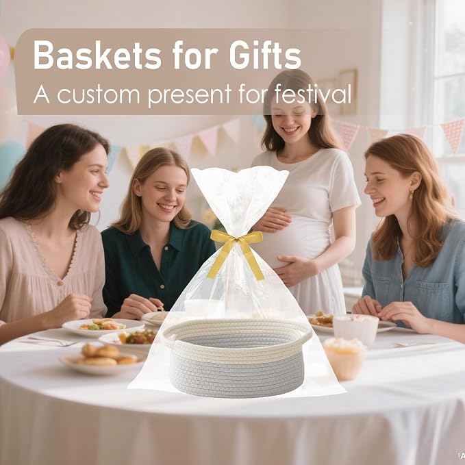 JMvicyroam Small Woven Basket, Empty Gift Basket, White&Grey/1 Pack | Small Gift Basket, Cotton Rope, 12 x 8 x 66 in, Handles, Includes Ribbon and Bag, Birthday Gift Basket