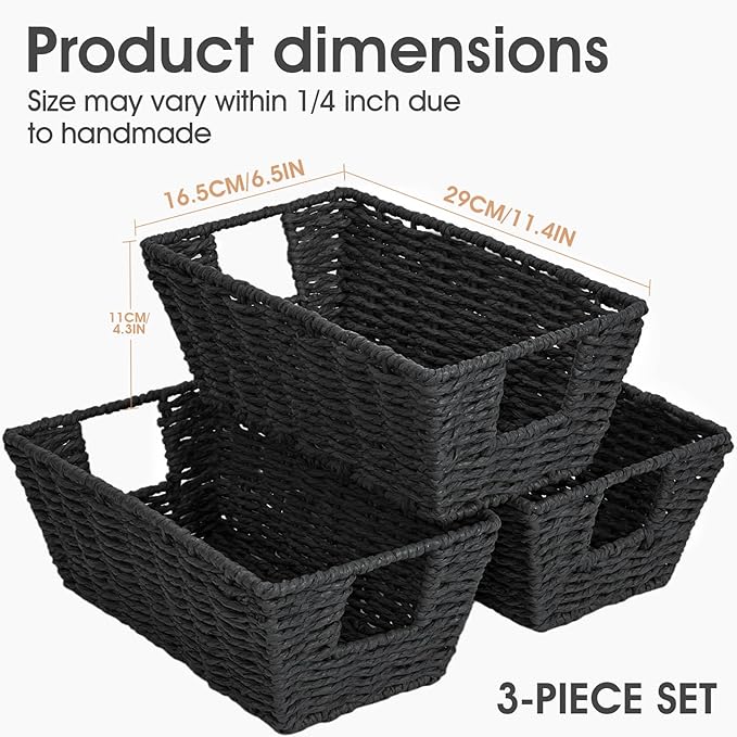 Paper Rope Storage Baskets for Shelves Organizing, Small Hand Woven Wicker Organizer Basket with Handle for Bathroom Toilet Paper Storage, Black, 3-Pack