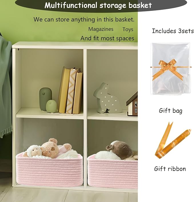 COMFY HOMI 11.5"x7.5"x4.7" Storage Baskets for Organizing | Cotton Rope Woven Basket | Toy Storage Bin Box | Basket for Shelves, Closet Organizer Bin, Decorative Closet Shelf, 3 Pack,