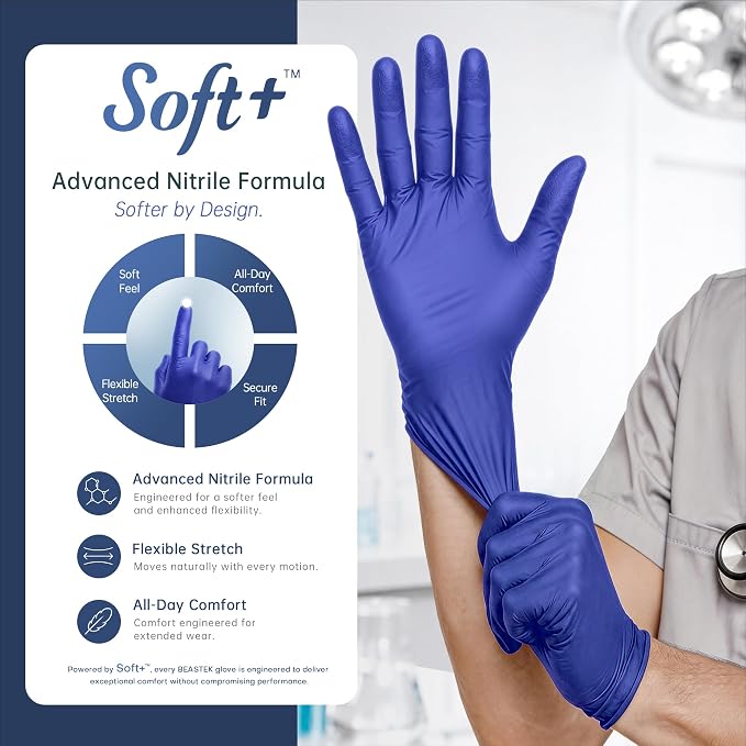 Nitrile Exam Gloves 4Mil Powder-Free Medical Disposable Blue Violet | Soft+ • Powder-Free & Latex-Free • Ultra Stretch Fit • Examination • Cooking • Cleaning • Food Prep • Blue Violet • 100 Ct