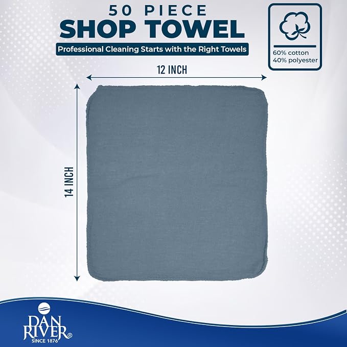 DAN RIVER Shop Towels 12x14 inc 50 Pack Medium Blue Terry Cloth Rags | Washcloths for Cleaning Cars & Household Surfaces Well Absorbent, Reusable Cleaning Rags Washable 60% Cotton 40% Polyester