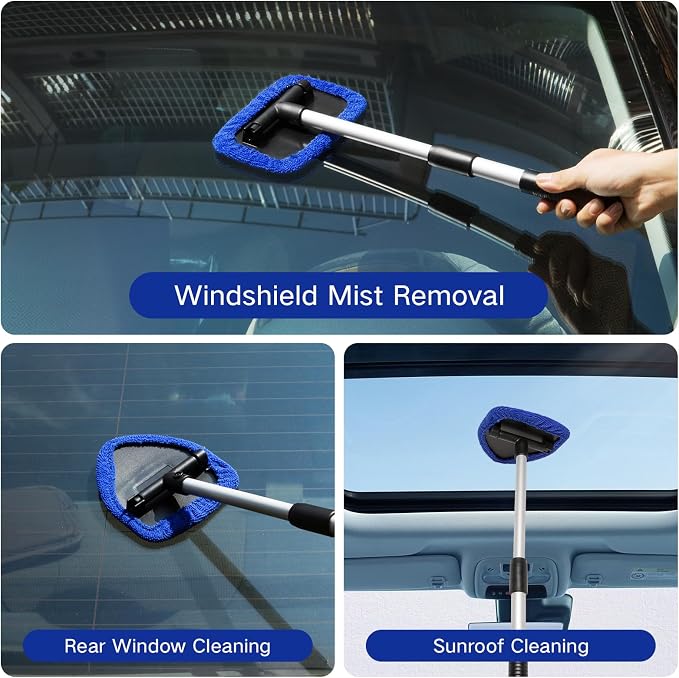 Qydipclin 10pcs Windshield Cleaner Tool, Car Window Cleaning Wash Kit with 4 Reusable Microfiber Pads 1 Spray Bottle and Extendable Handle Auto Glass Wiper Kit, Blue