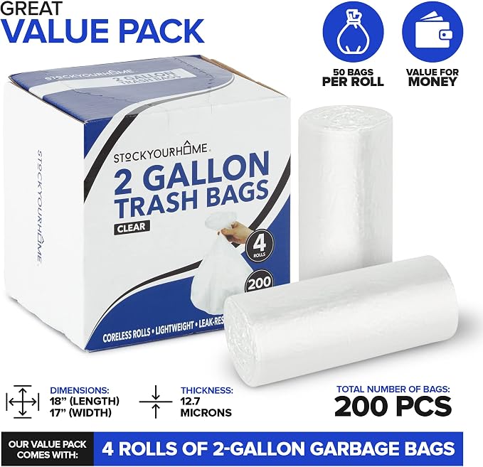 Stock Your Home Clear 2 Gallon Trash Bag (200 Pack) Un-Scented Small Garbage Bags for Bathroom Can, Mini Waste Basket Liner, Plastic Liners for Office Trashcan and Dog Poop, Bulk Household Supplies
