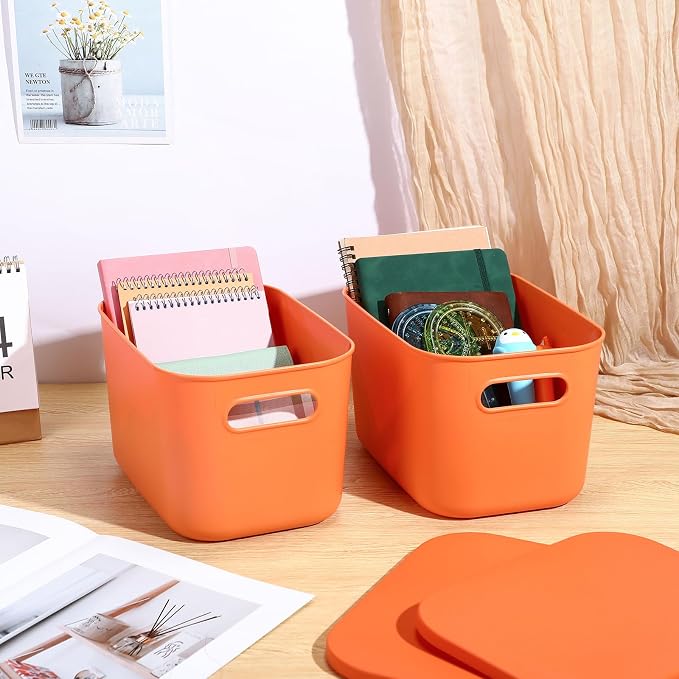 Hoolerry 8 Pack Storage Bins, 10.2 X 7 X 6.3 Inch Orange | Plastic Stackable Containers with Lid Handle, For Shelves Desktop Playroom Office, Organizing Toys Books Supplies Storage