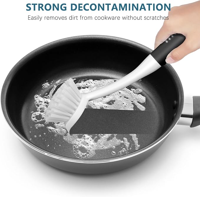 SetSail Dish Brush Set of 3 with Bottle Brush, Dish Scrub Brush with Long Handle Deep Cleaning Handle Brush with Scraper Tip for Kitchen Sink Dishes Bottle Cup Pot and Pans Tile Lines, Black | Built-In Scraper Tip, Non-Slip Rubber Handle, Pet Stiff Bri...