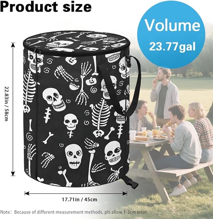Collapsible Trash Can with Lid and Handles 24 Gallon Large Capacity Foldable Garbage Can for Camping Outdoor Reusable Waster Bag Black Skull Print