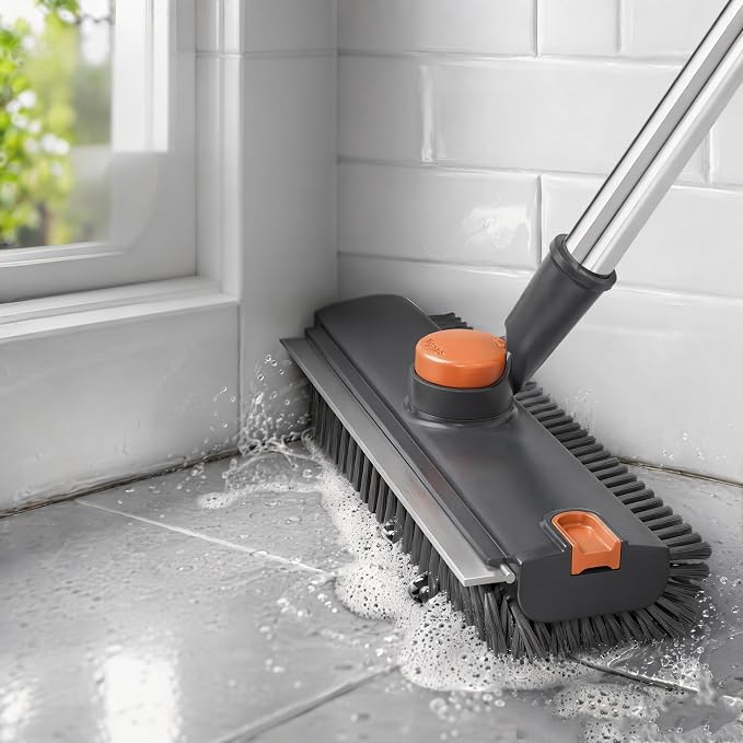 3-in-1 Floor Scrub Brush with Long Handle, Rotating Head Squeegee & Tweezer | Stiff Dual-side Bristle, 50'' Extension Pole, Stainless Steel, Multi-Surface for Shower Tile Patio Kitchen Deck Cleaning
