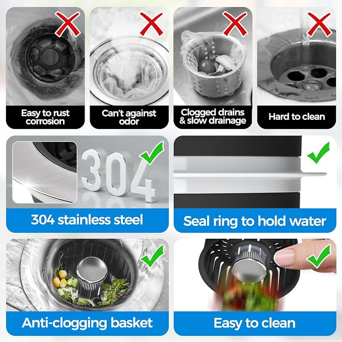 zaa 3 in 1 Kitchen Sink Drain Strainer Stopper Removable Basket Pop-Up | Kitchen Sink Accessories 1 Pack Black Stainless - Food Catcher, Odor-Blocking Seal, Fits 3.5" Drain, Easy Clean